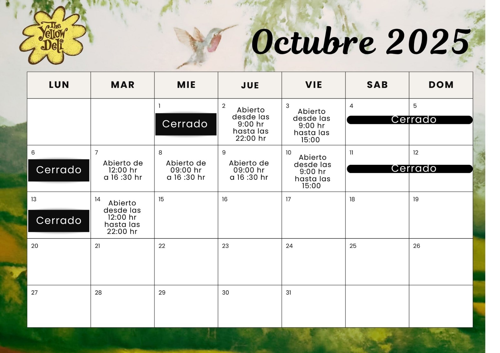 Algunos días estaremos con horarios especiales y otros dias cerrados.